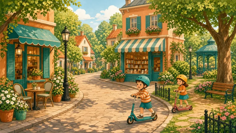 Illustration of kids on scooters on a leafy street with a cafe and a bookshop