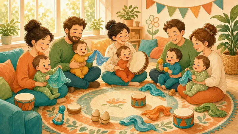 Illustration of parents and babies at a baby music class with drums and soft scarves