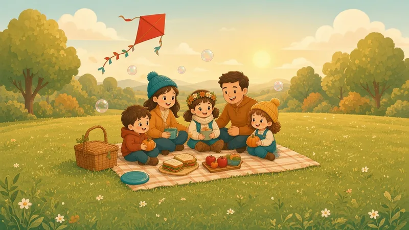 Illustration of a family picnic on a lawn with a kite overhead