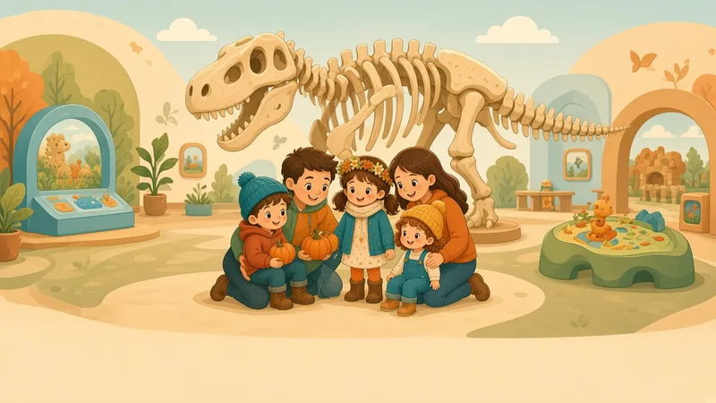 Illustration of a family looking at a dinosaur skeleton in a bright children's museum