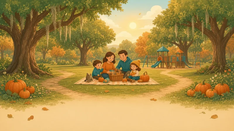 Illustration of a family picnic under big oak trees in a sunny park with a playground