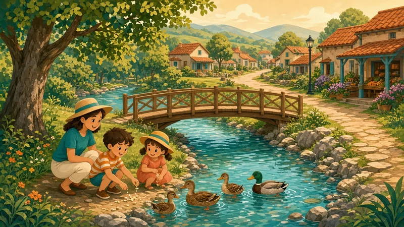 Illustration of a family feeding ducks by a creek with a footbridge in a small Hill Country town