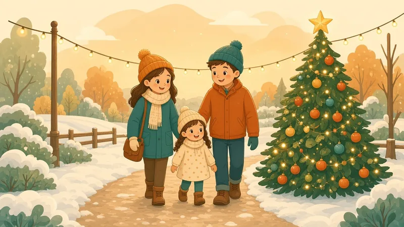 Illustration of a family walking under strings of holiday lights beside a decorated tree