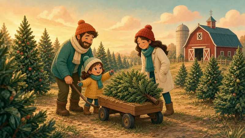 Illustration of a family pulling a Christmas tree in a wagon at a tree farm with a red barn