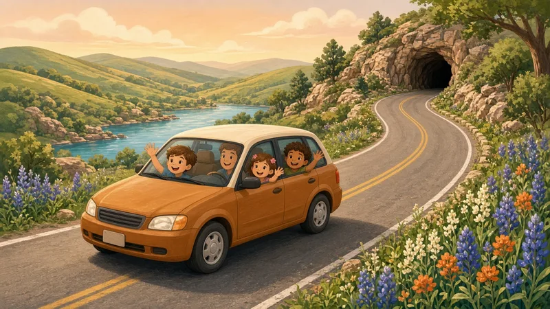 Illustration of a family waving from a car on a Hill Country road with bluebonnets, a river and a cave entrance