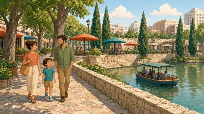 Illustration of a family strolling along a river walk with cypress trees and a small boat