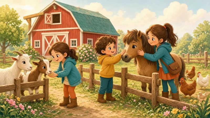 Illustration of kids feeding goats and a pony at a petting zoo with a red barn