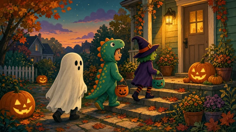 Illustration of kids in ghost, dinosaur and witch costumes trick-or-treating past jack-o-lanterns