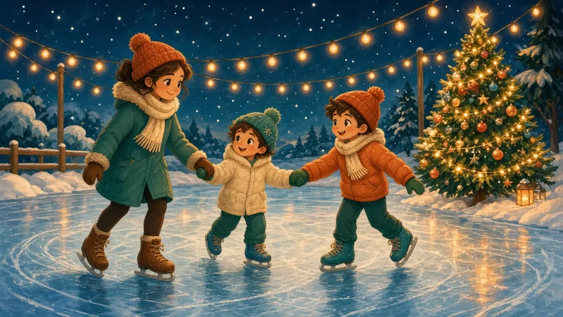 Illustration of kids ice skating on an outdoor rink with holiday lights and a Christmas tree