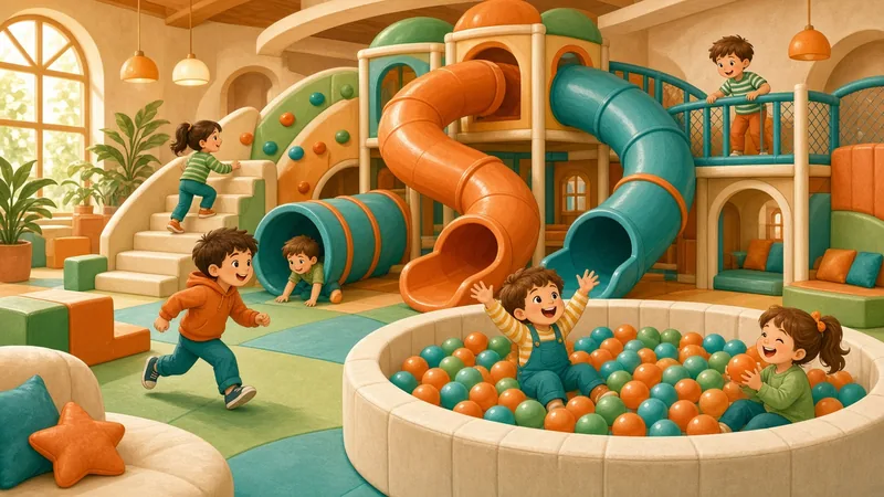 Illustration of kids playing in an indoor play space with slides, tunnels and a ball pit