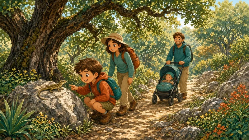 Illustration of a family on a shady oak trail, a boy looking at a lizard on a rock and a parent pushing a stroller