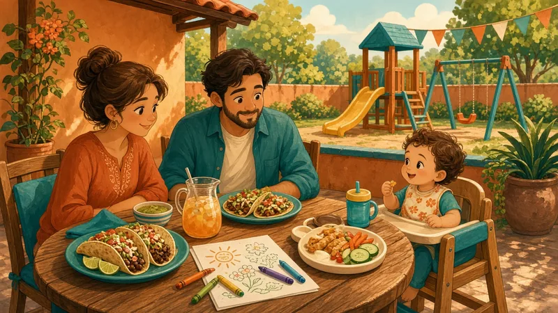 Illustration of a family at a restaurant table with tacos, crayons and a high chair