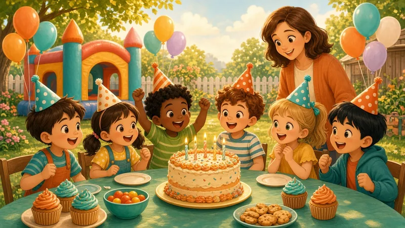 Illustration of a kids birthday party with a cake, balloons and a bounce house