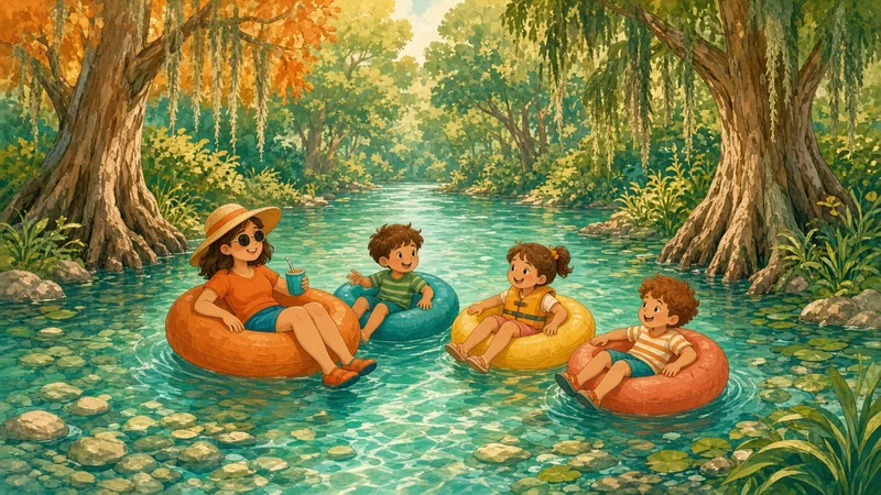 Illustration of kids floating on inner tubes down a tree-shaded river
