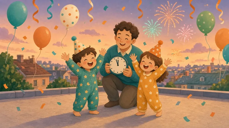 Illustration of two kids in party hats cheering as balloons fall at an early New Year's countdown, with soft fireworks in the distance