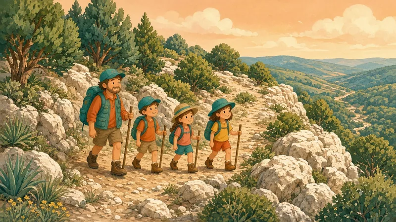 Illustration of a family hiking a Hill Country trail with cedar trees and limestone rocks