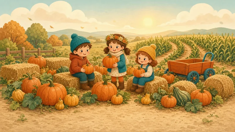 Illustration of kids in a pumpkin patch with hay bales, a wagon and a cornfield