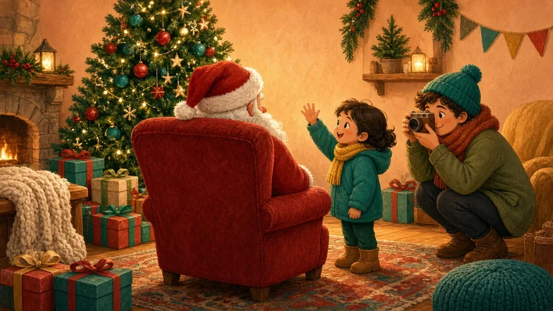 Illustration of a child waving to Santa in a red armchair by a Christmas tree while a parent takes a photo