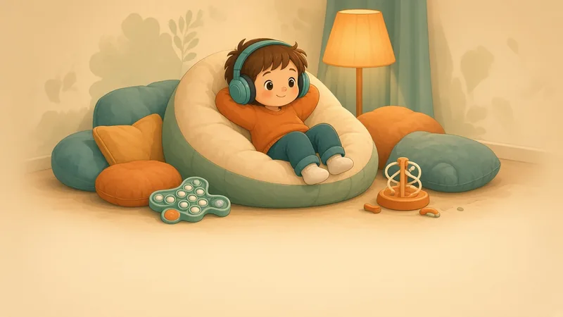 Illustration of a child in headphones relaxing on a bean bag in a calm, softly lit corner