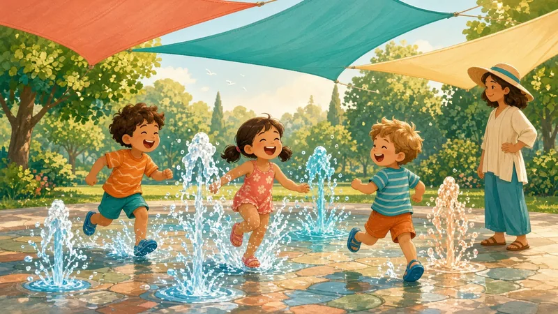 Illustration of kids running through splash pad water jets on a sunny day