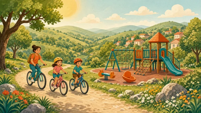 Illustration of a family biking past a playground in green Hill Country hills