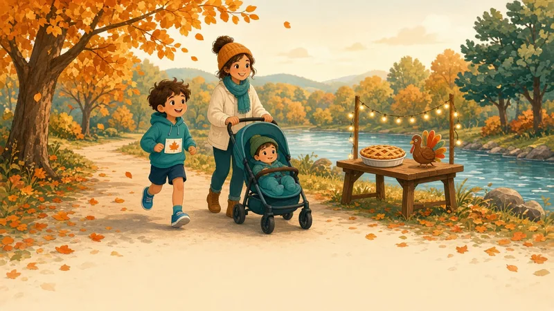 Illustration of a child in a race bib jogging beside a parent with a stroller on a leafy fall path, with a pie and a paper turkey craft behind them
