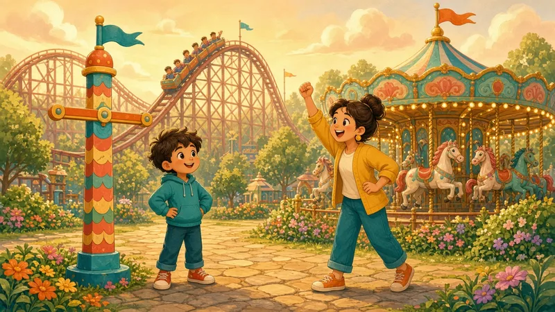 Illustration of a kid standing by a ride height sign while his sister cheers, with a roller coaster and a carousel behind them