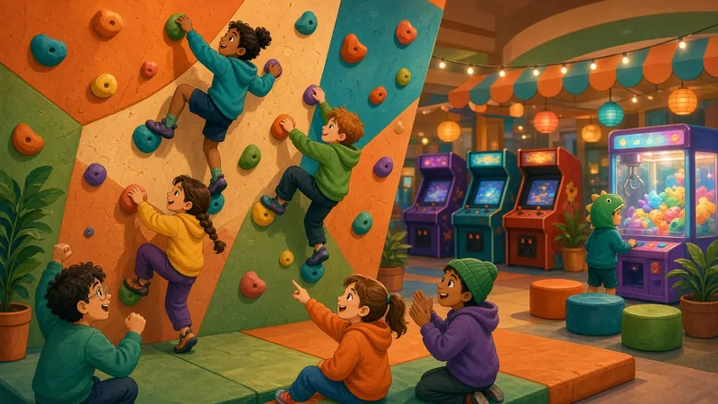 Illustration of tweens on an indoor bouldering wall next to arcade games