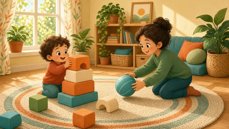 Illustration of a toddler stacking soft blocks with a parent in a cozy playroom