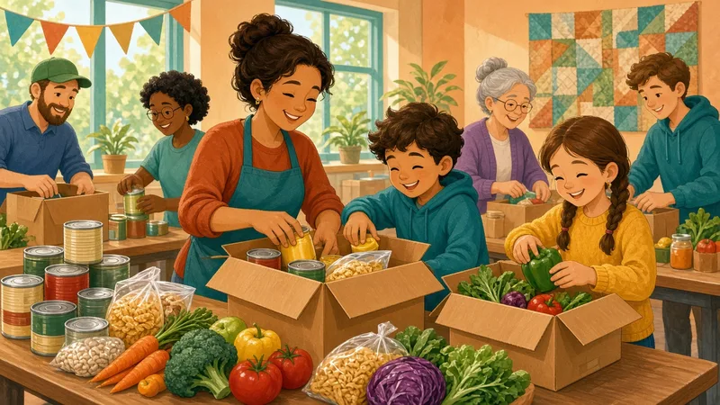 Illustration of parents and kids packing boxes of canned food and fresh vegetables together at a long table